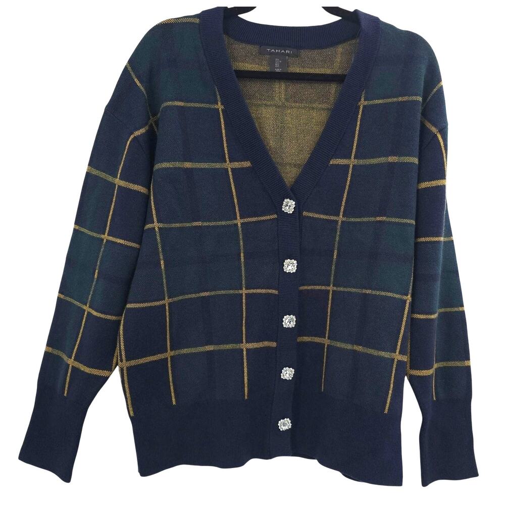 Tahari Cardigan Sweater Womens Large Blue Plaid Rhinestone Button Soft Knit